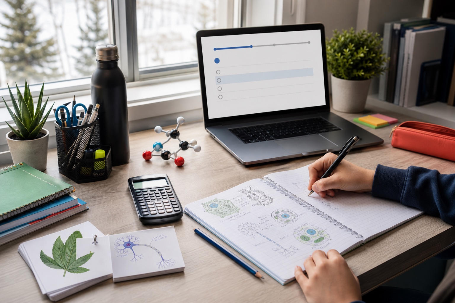 An Alberta student preparing science notes at a study desk